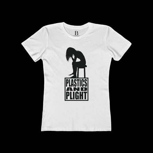 White t-shirt with black graphic and text 'Plastics and Plight' on a white background