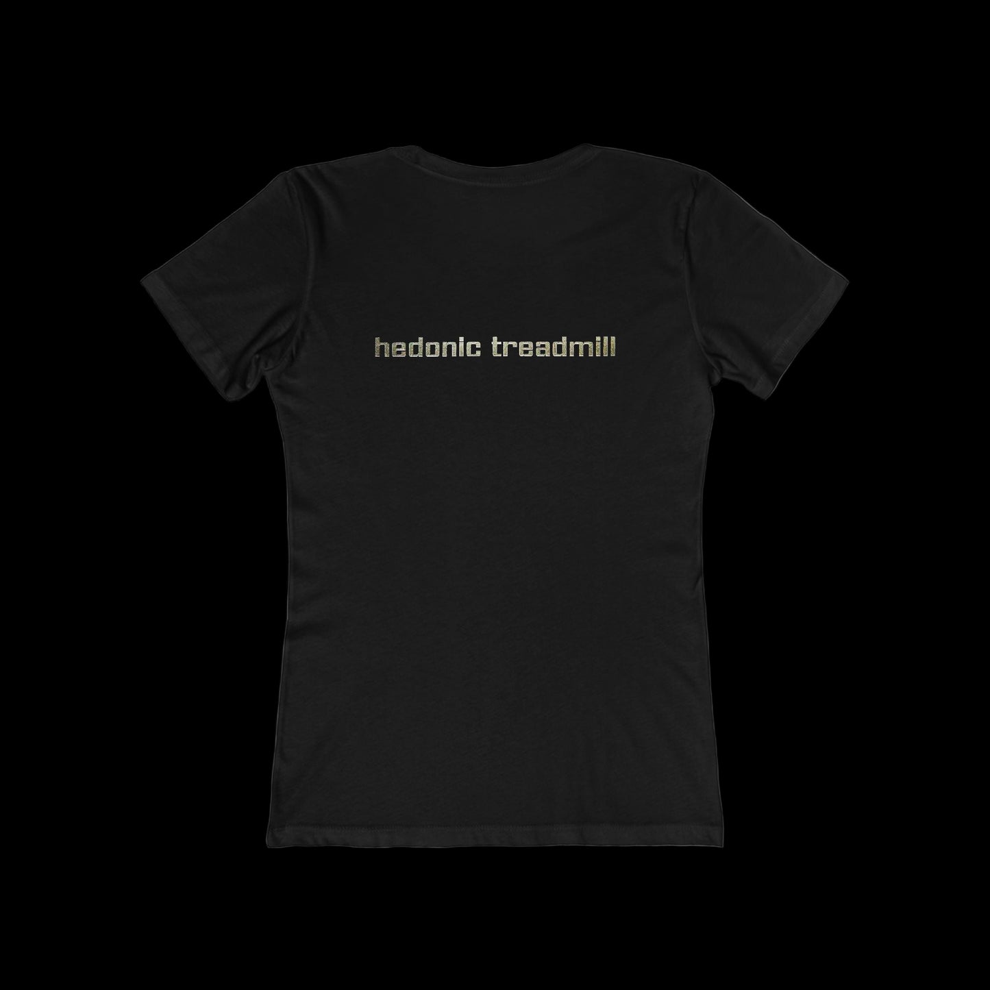 Black t-shirt with 'hedonic treadmill' text on a black background