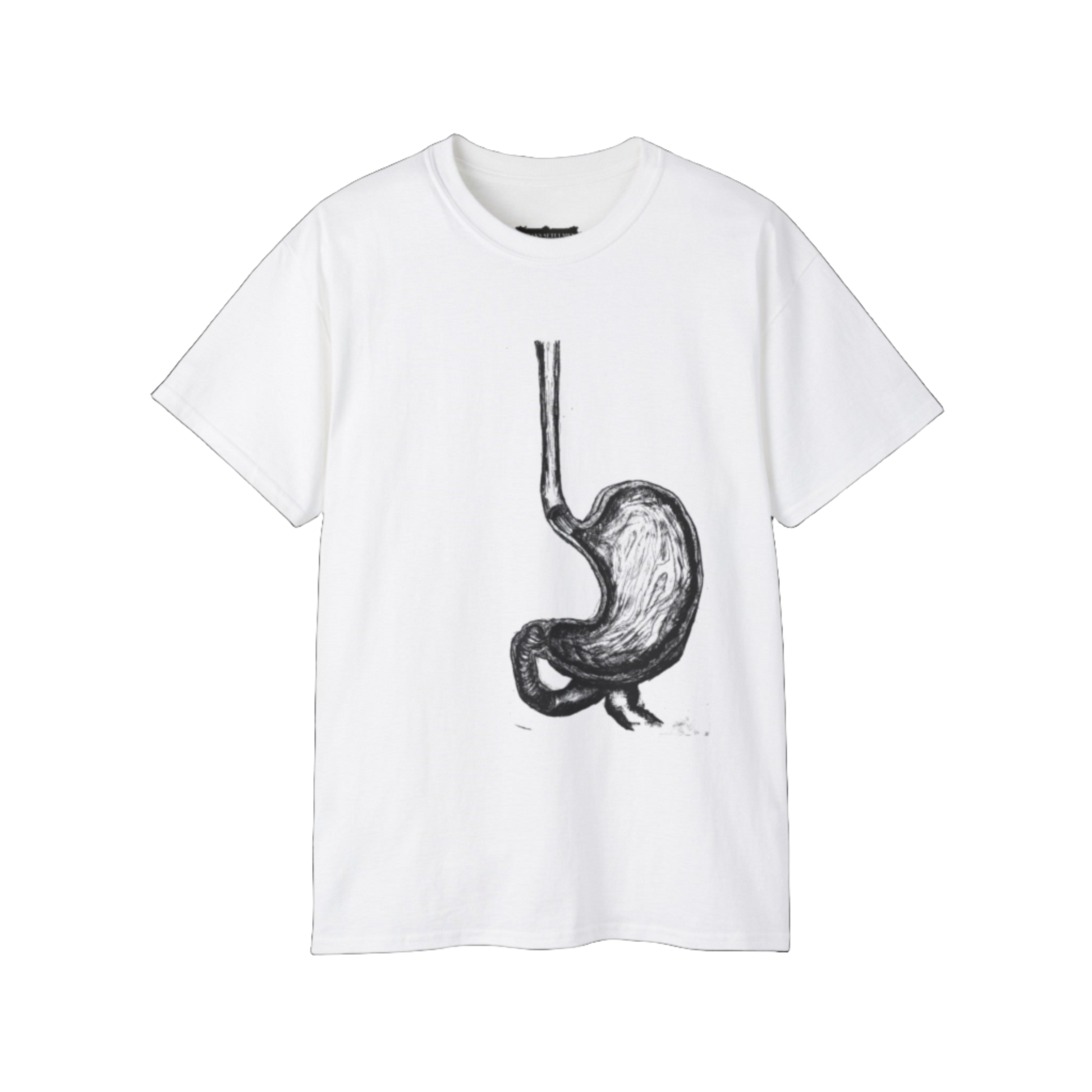 White tee w/ empty stomach graphic aligned w/ human stomach positioning
