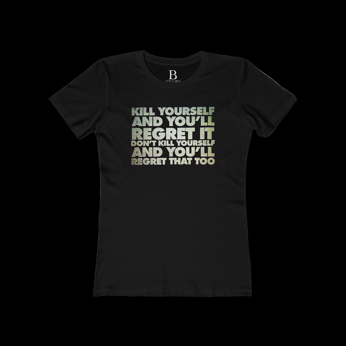 Black t-shirt with text design on a black background