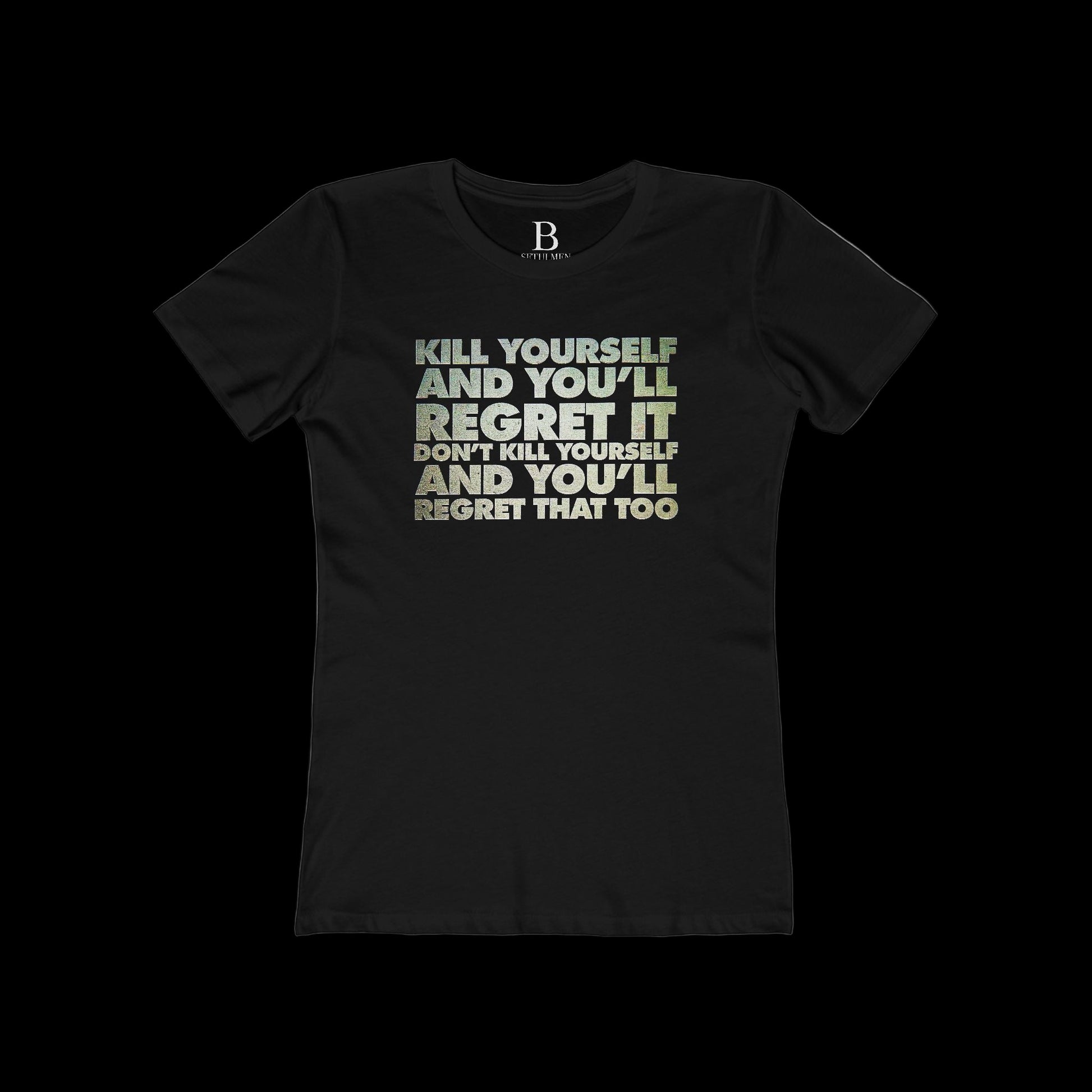 Black t-shirt with text design on a black background
