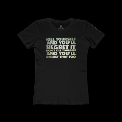 Black t-shirt with text design on a black background