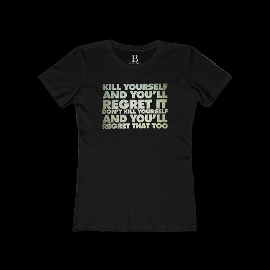 Black t-shirt with text design on a black background