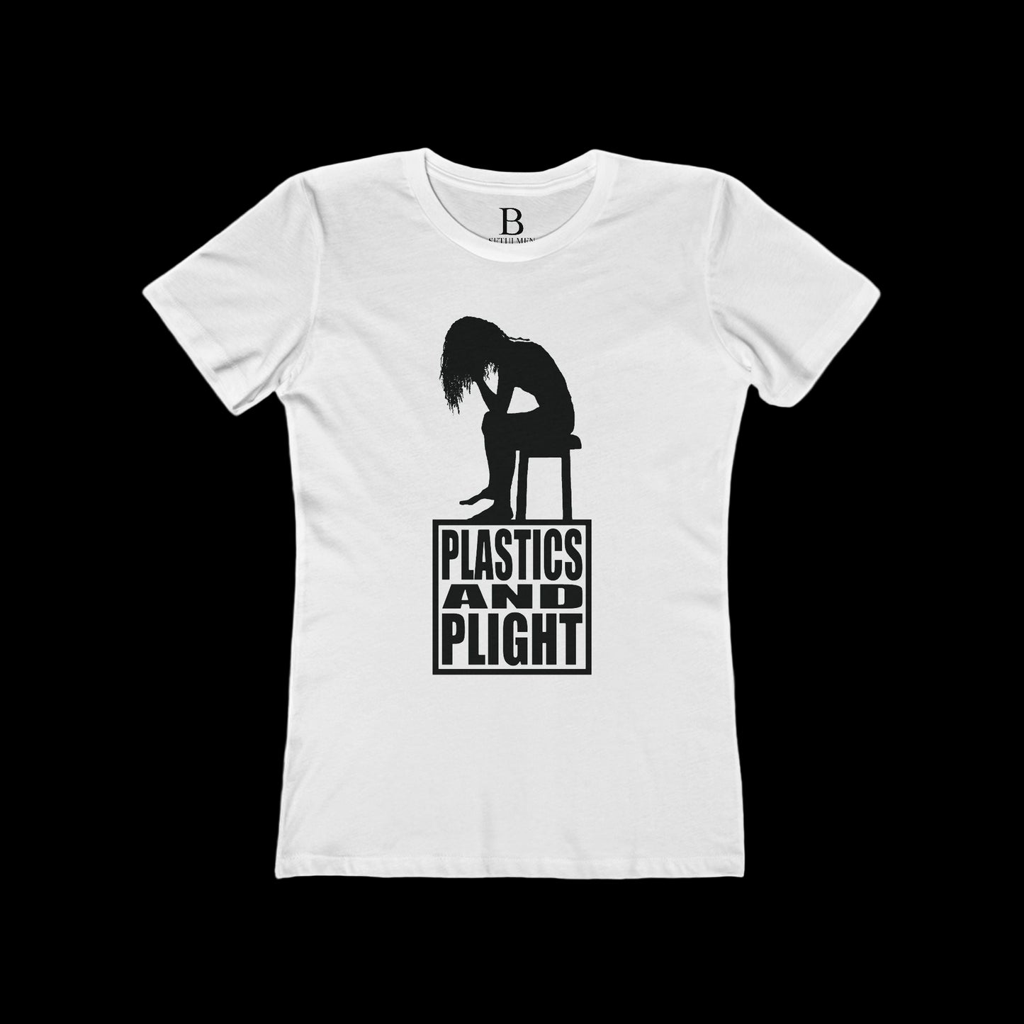 White t-shirt with black graphic and text 'Plastics and Plight' on a white background