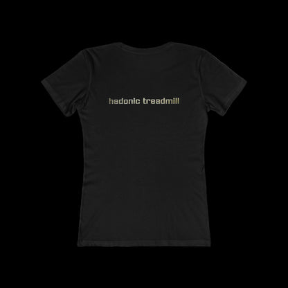 Black t-shirt with 'hedonic treadmill' text on a black background