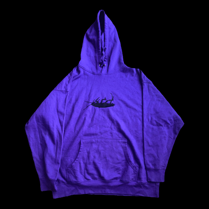 Purple hoodie with a black graphic on a black background